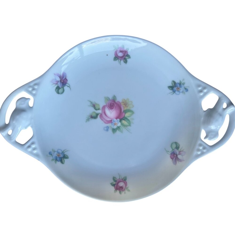 Reinhold Schlegelmilch Porcelain Plate Floral Bird Cut-Out Handles 8.5" x 6 1/8”